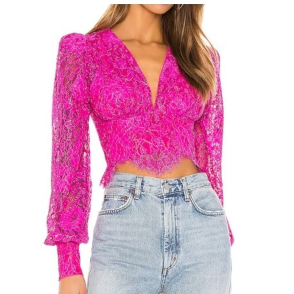 NBD‎ Hot Pink Lace Puff Sleeve V Neck Cropped Top Size S Barbie Core Romantic